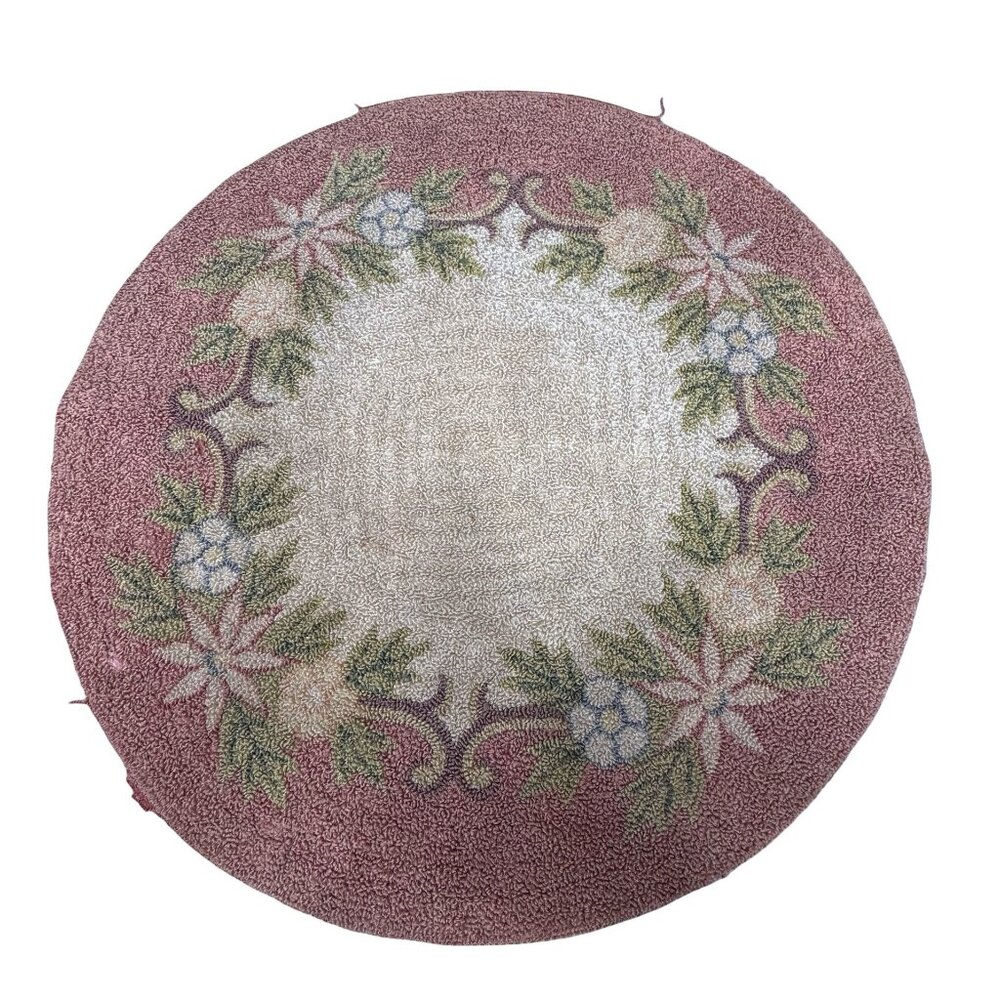 Vintage Dollhouse Rug Formal Flowers Round Floral Embroidered Victorian 14” Pink